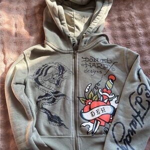Ed Hardy Olive Hoodie with Dragon and Tattoo Art